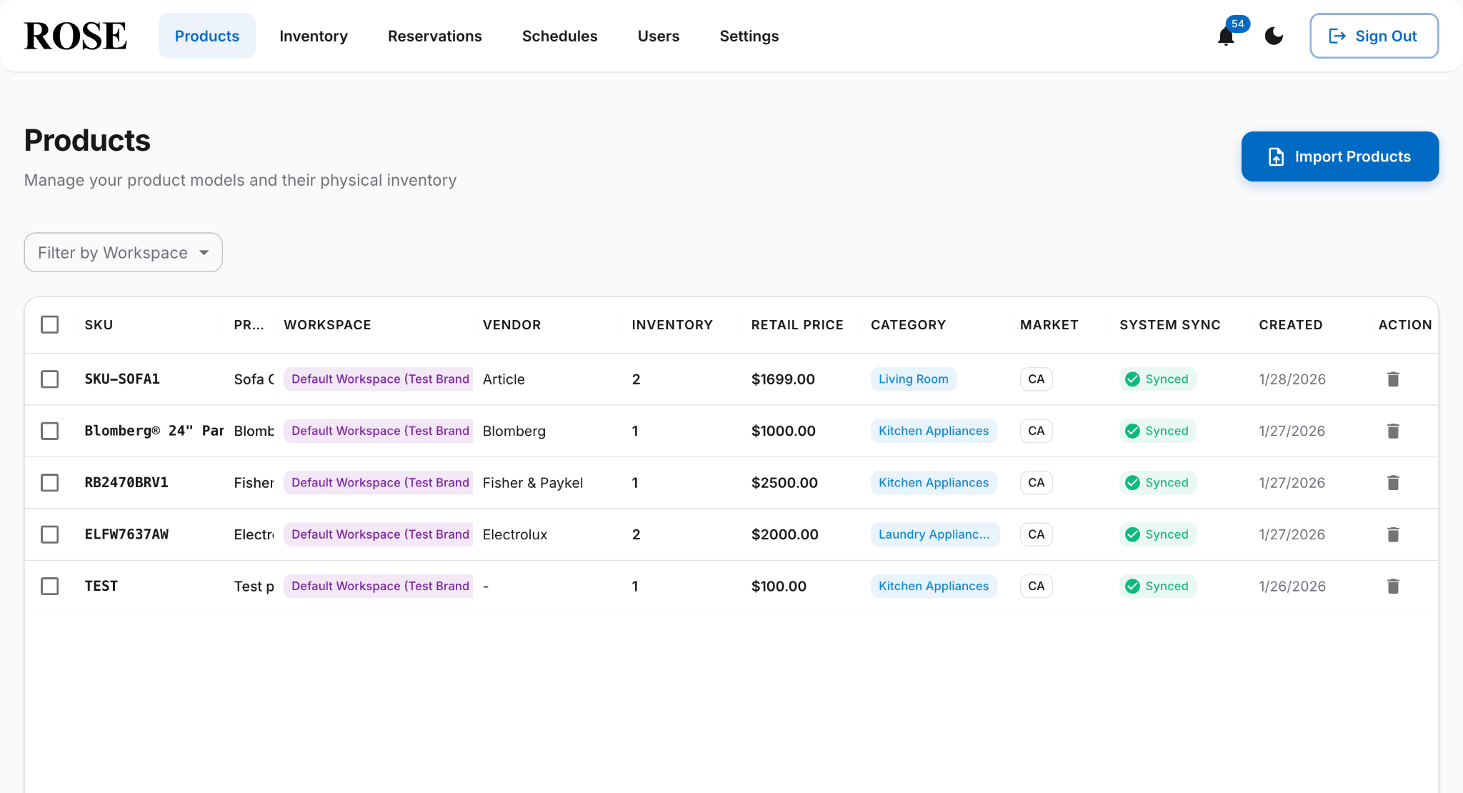 Plenish ROSE Direct platform — product catalog with SKU management, pricing, and sync status