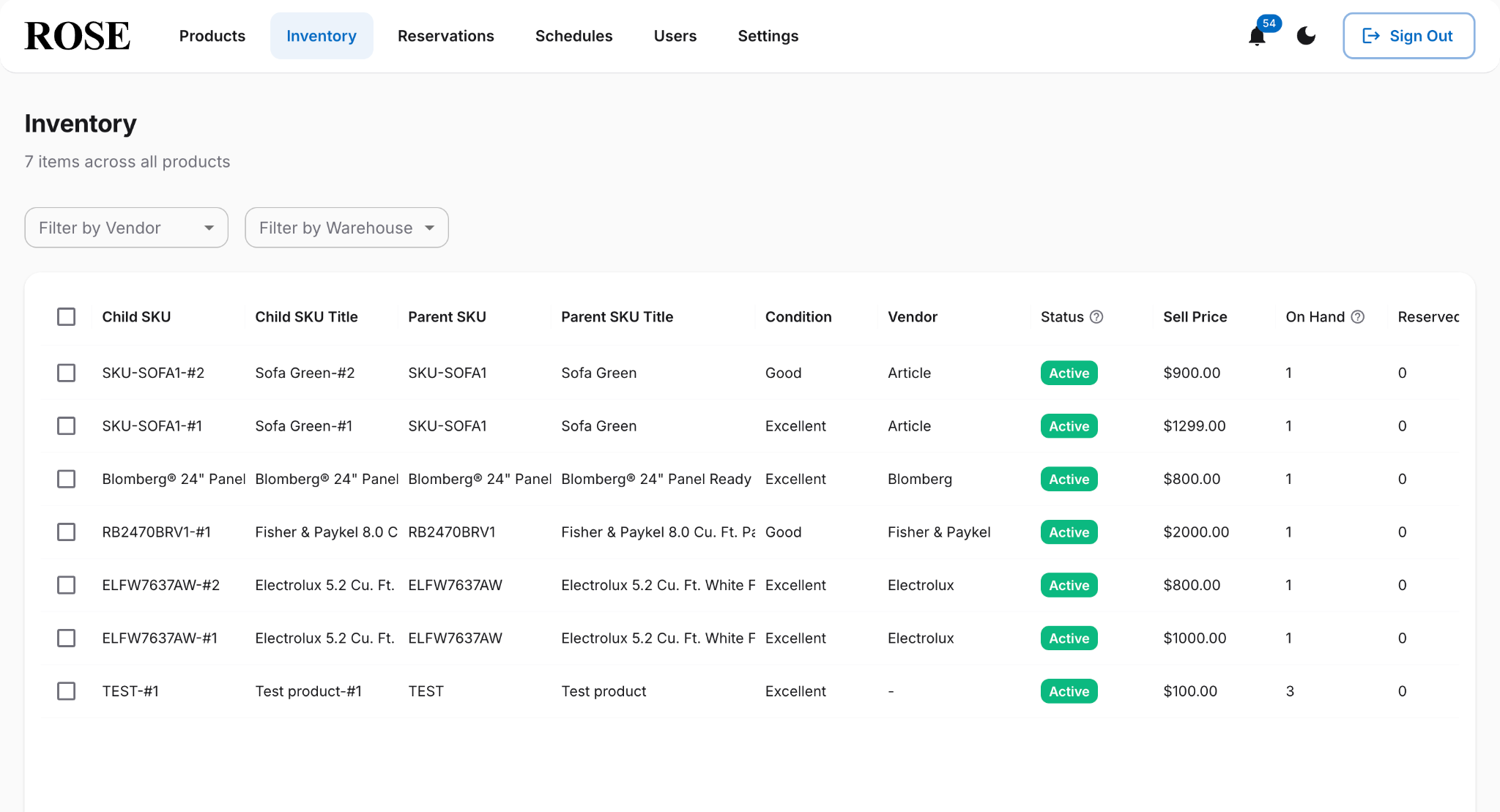 Plenish ROSE Direct — inventory list with condition grades, status badges, vendor, and pricing